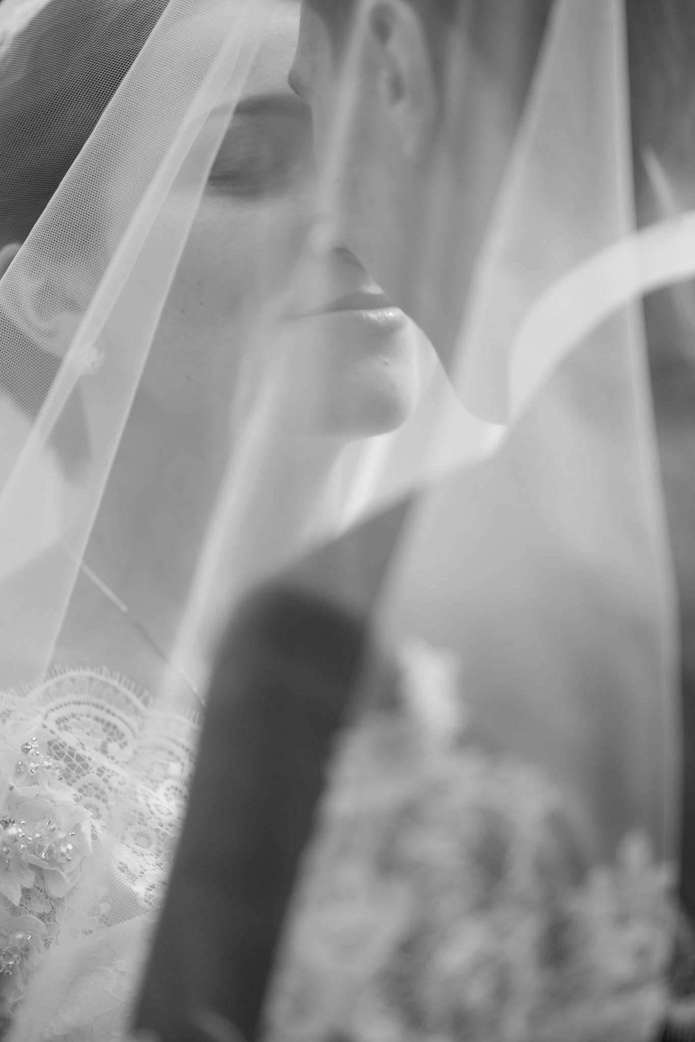 A delicate black and white photo of a bride and groom sharing a romantic kiss beneath a bridal veil.